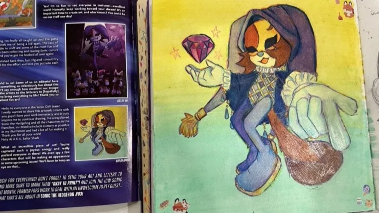 Ophir's illustration printed on the letters page of IDW's Sonic the Hedgehog comic, next to the original drawing